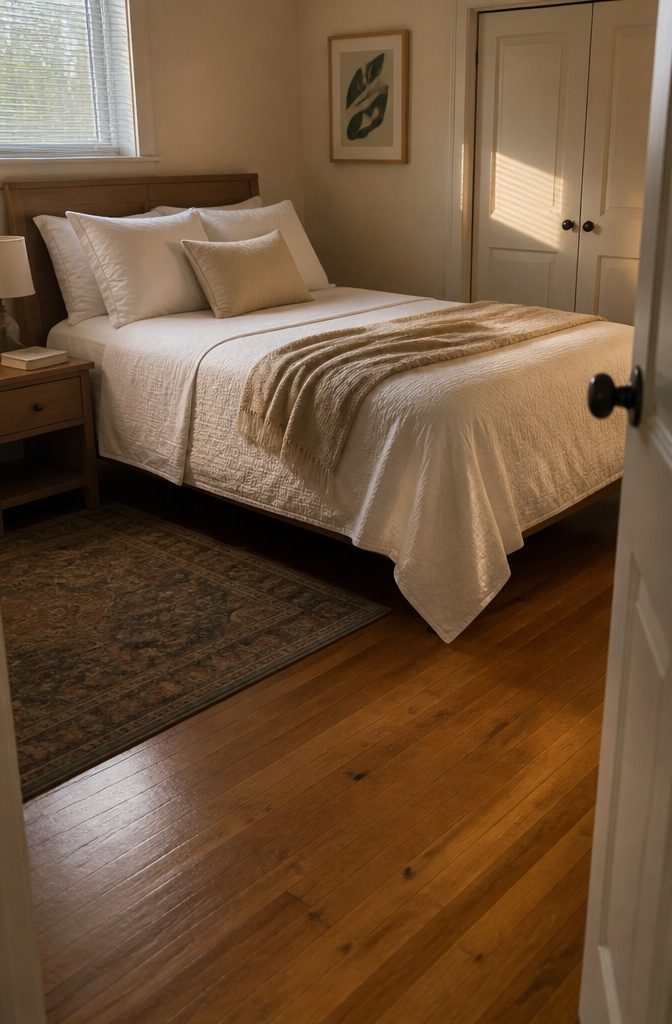 Made bed with smooth blanket and fluffed pillows in a tidy room