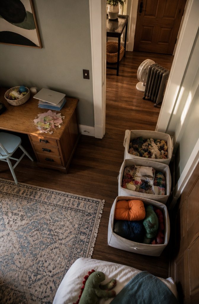 Totes holding toys, craft supplies and seasonal gear near a bedroom doorway