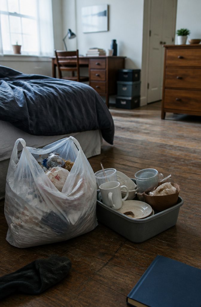 Bedroom with scattered belongings ready to be cleared of trash and dishes