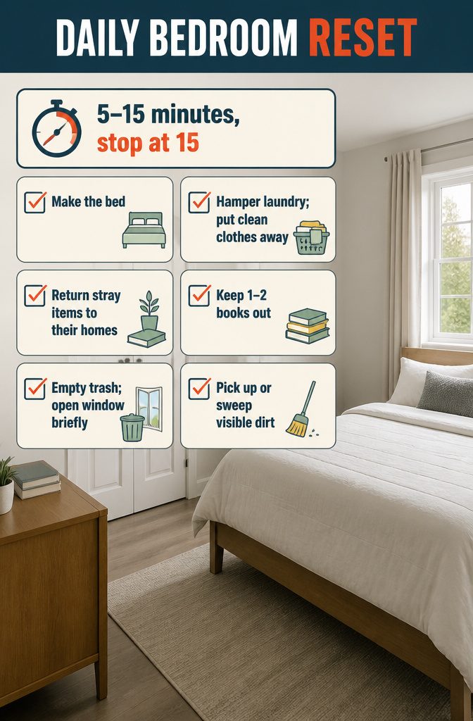 Bedroom reset graphic with a short list of daily tidying tasks
