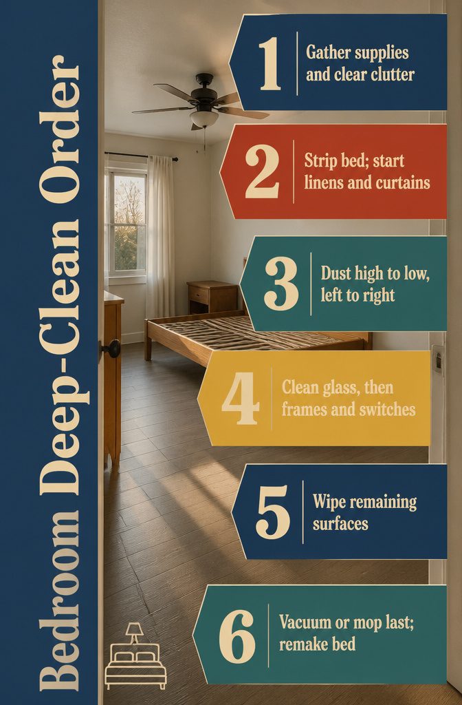 Bedroom deep cleaning graphic with tasks arranged from clearing clutter to floors
