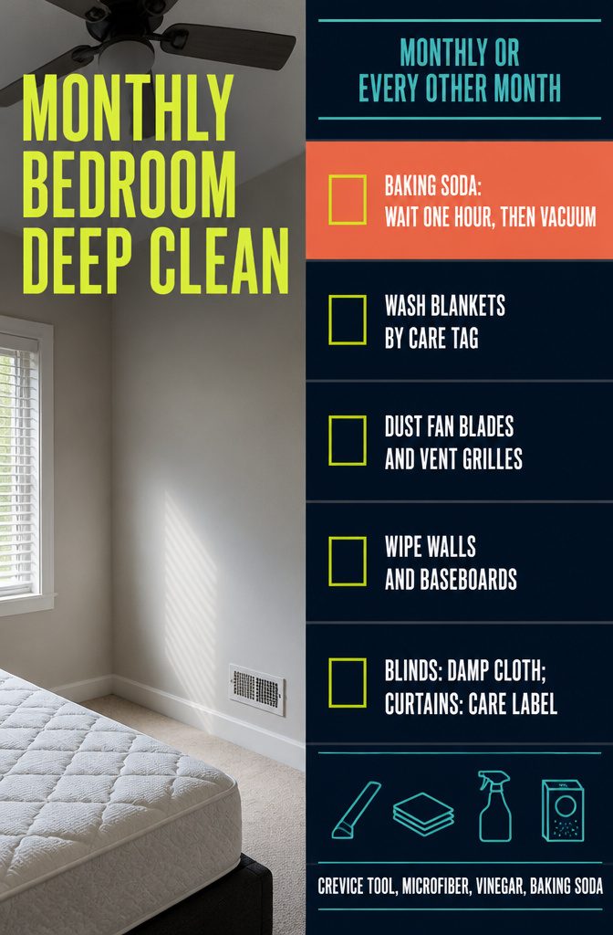Bedroom cleaning graphic with mattress fan wall blind and curtain tasks