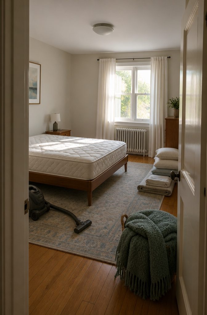Bedroom scene accompanying a cleaning checklist for seasonal care