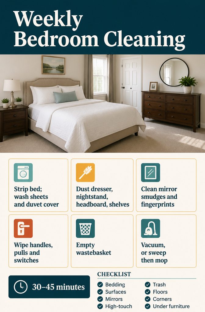 Weekly bedroom cleaning graphic listing laundry dusting and floor care