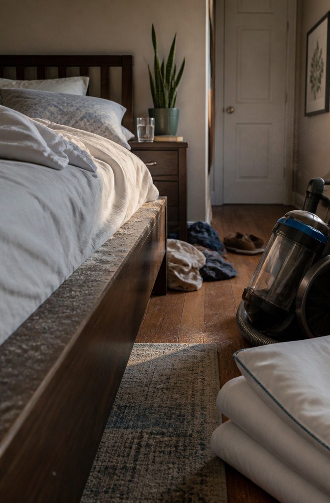 Bedroom scene accompanying notes on dust mites odors and clutter