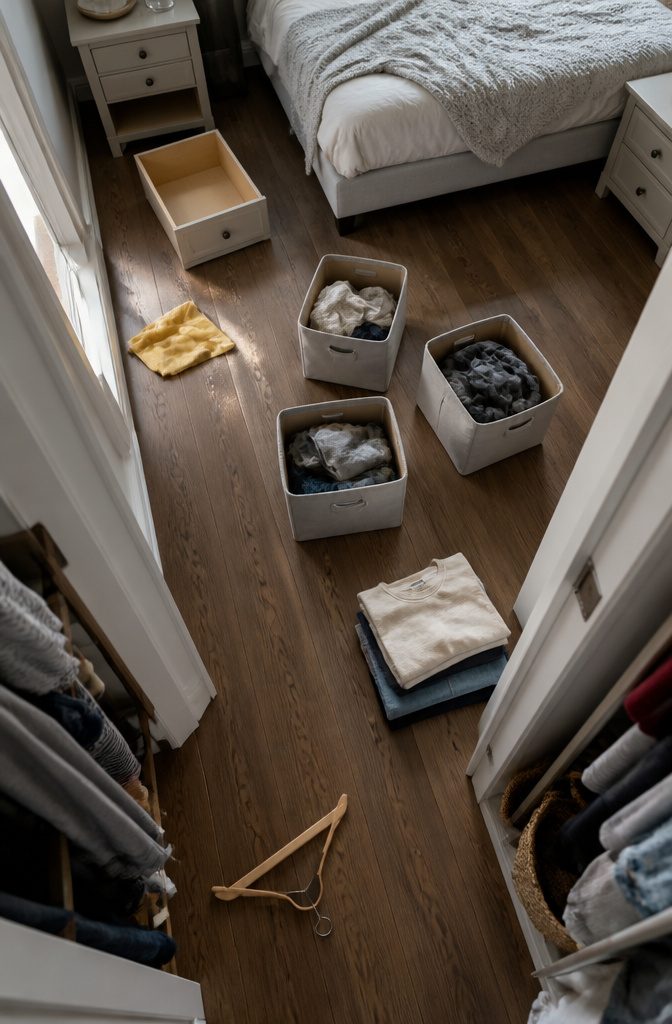 Bedroom scene accompanying advice about sorting closets drawers and storage