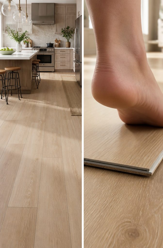 A foot stepping on Cairo Oak and Blonde Oak flooring.