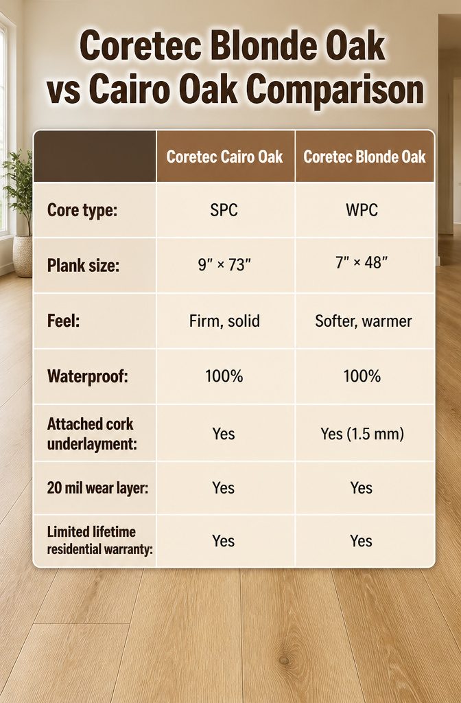 Comparison chart of Cairo Oak and Blonde Oak attributes.