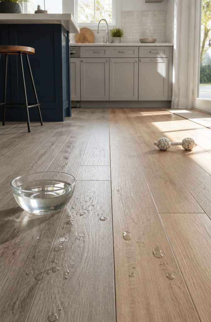 A kitchen scene with water beside Cairo Oak and Blonde Oak.