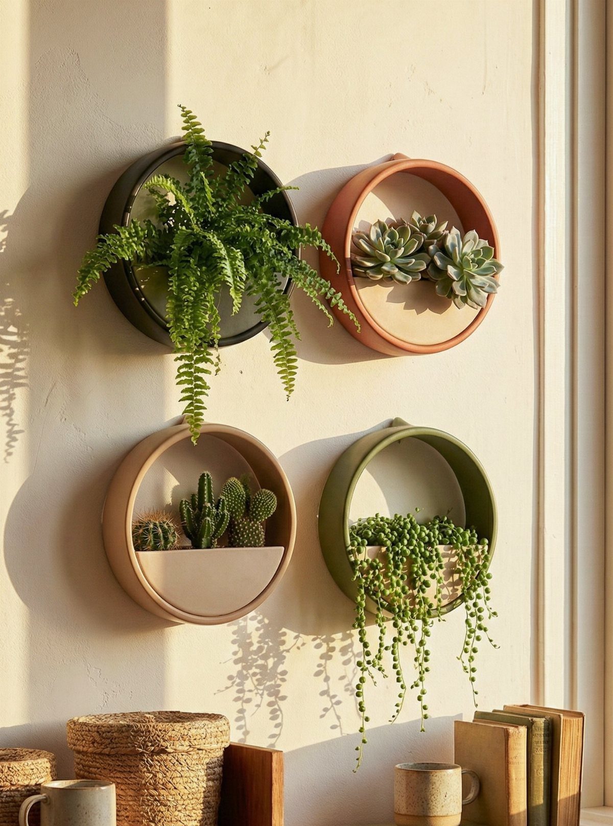 Four colorful circular wall planters containing various green plants mounted on a light wall.