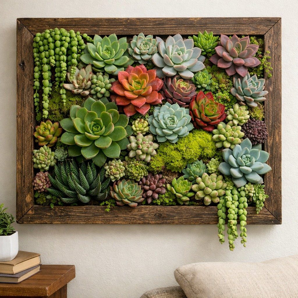 A wooden framed arrangement of colorful faux succulents and green moss mounted on a white wall.