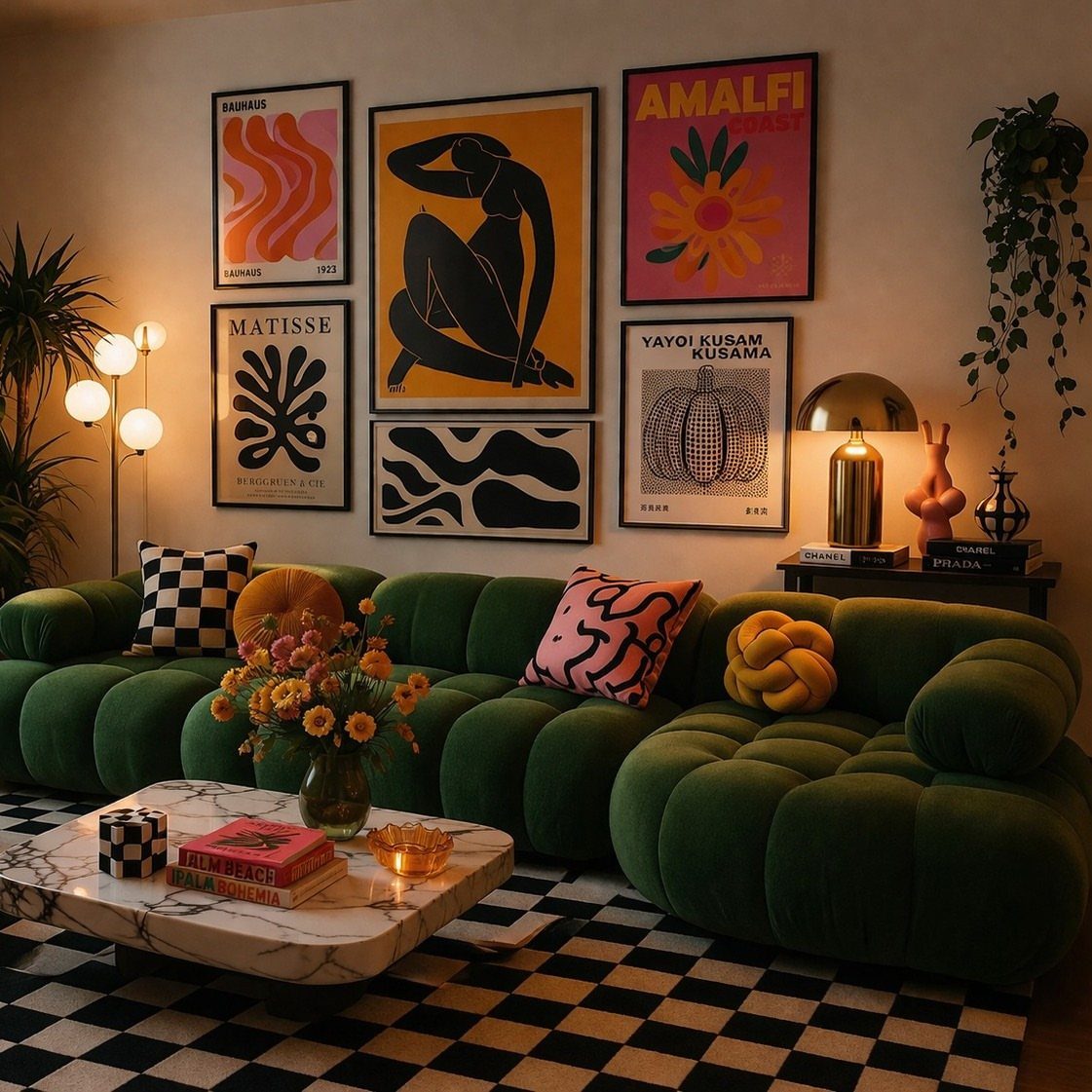 Various framed art prints arranged in a gallery wall style above a green velvet sofa.