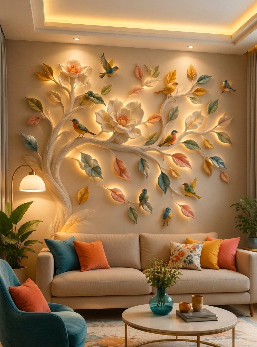 Three-dimensional floral tree branch wall art with colorful leaves and birds mounted above a sofa.