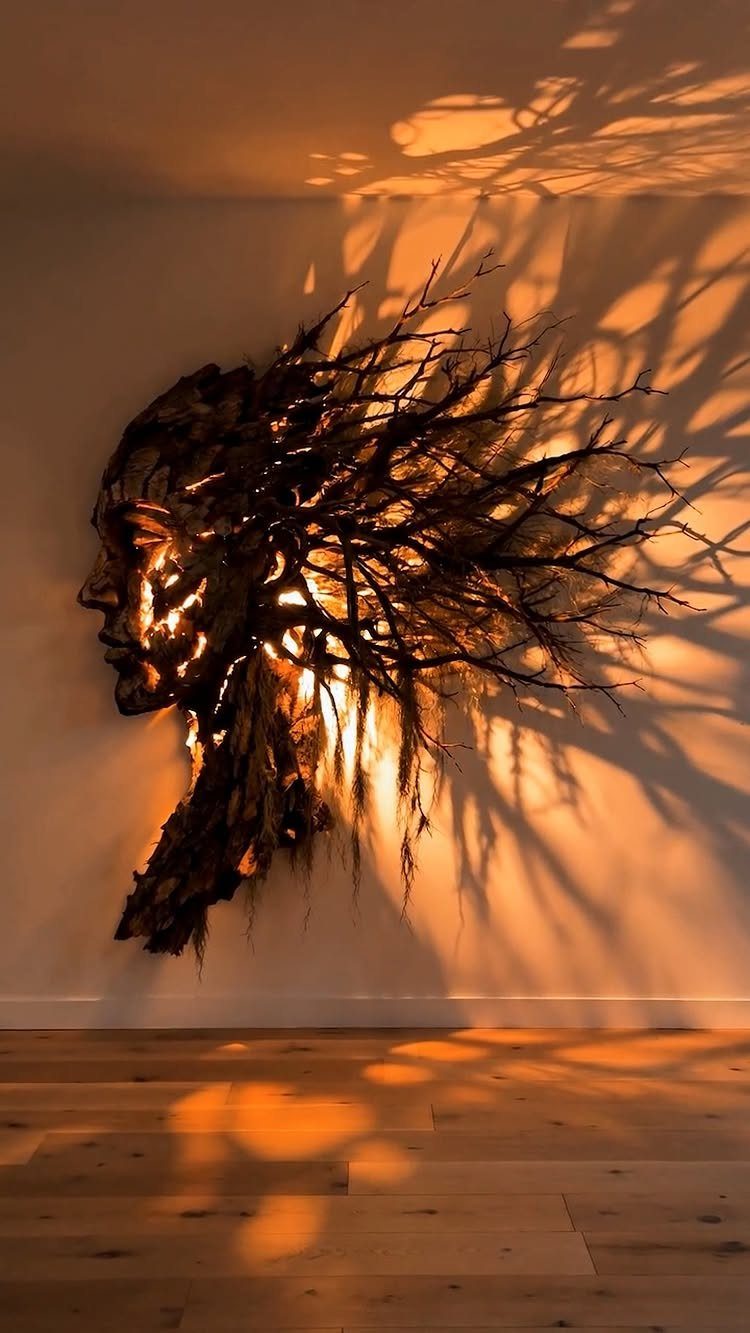 A dark branch sculpture in human profile shape casting warm light and shadows on a wall.