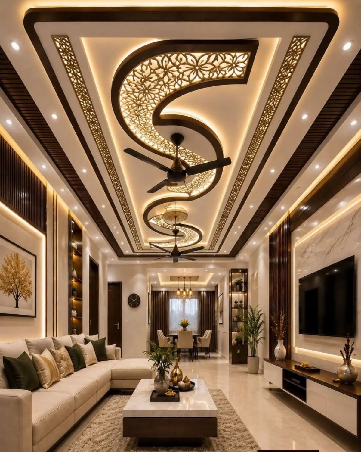 Ornate false ceiling with S-shaped wooden carvings and warm lighting in a modern living room.