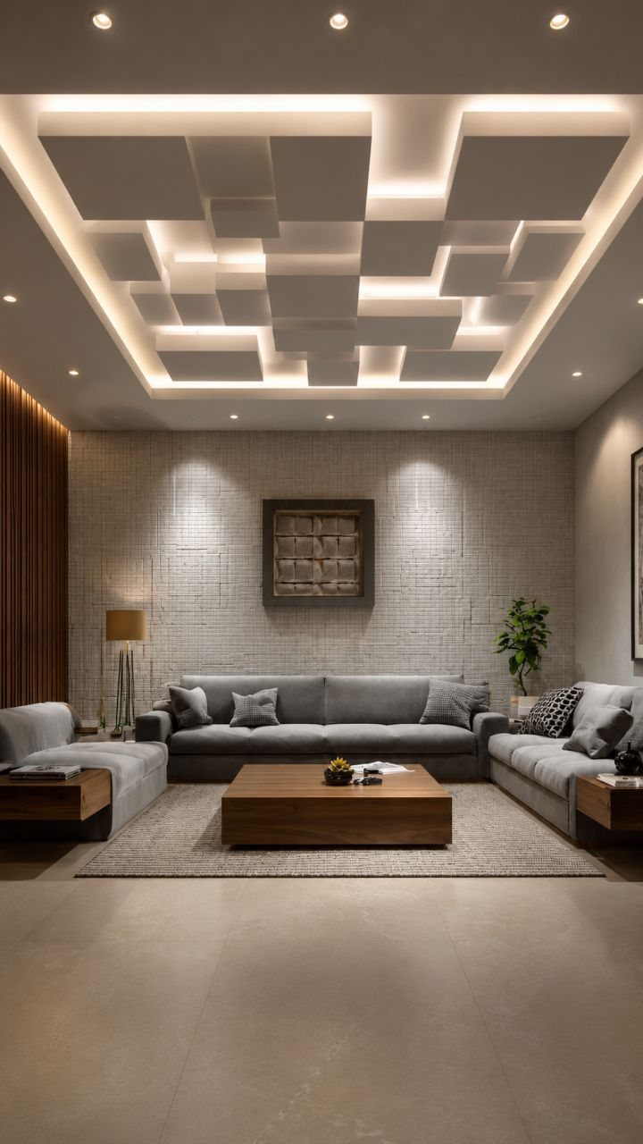 Geometric false ceiling with white overlapping square panels and recessed lighting in living room