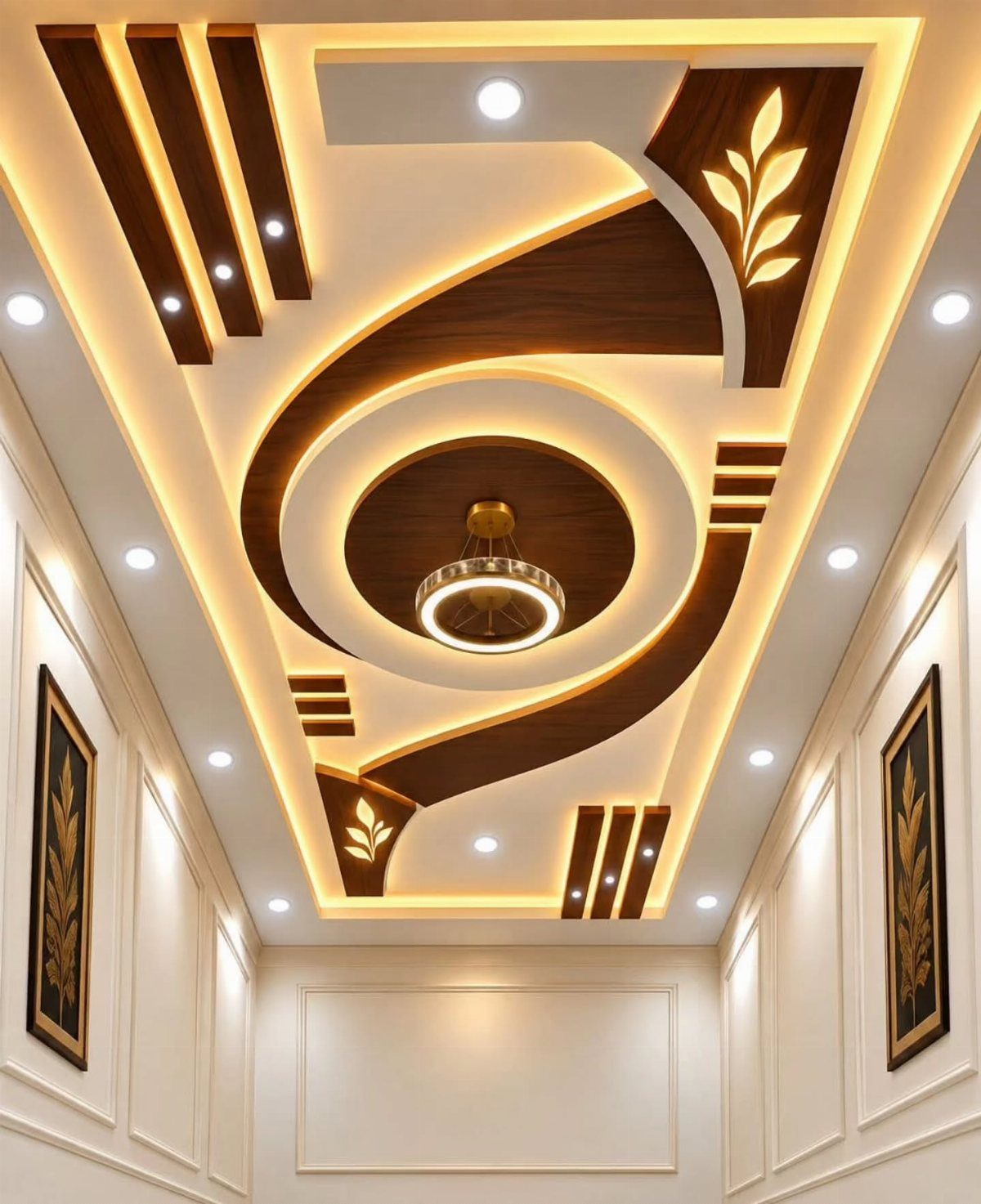 Modern POP false ceiling with integrated LED lighting, wood accents, and a central chandelier.