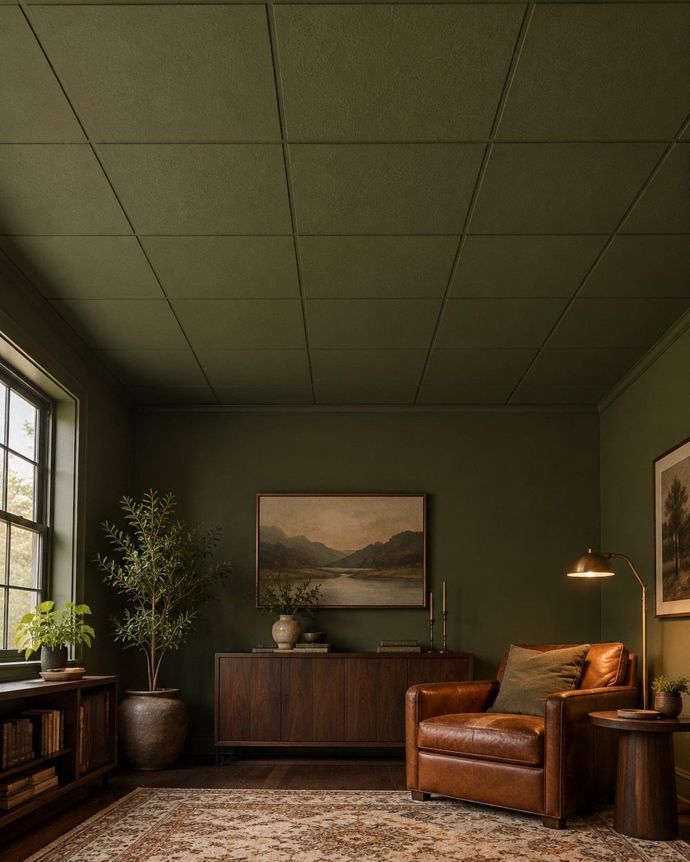 Dark green grid false ceiling in a moody living room with leather furniture.