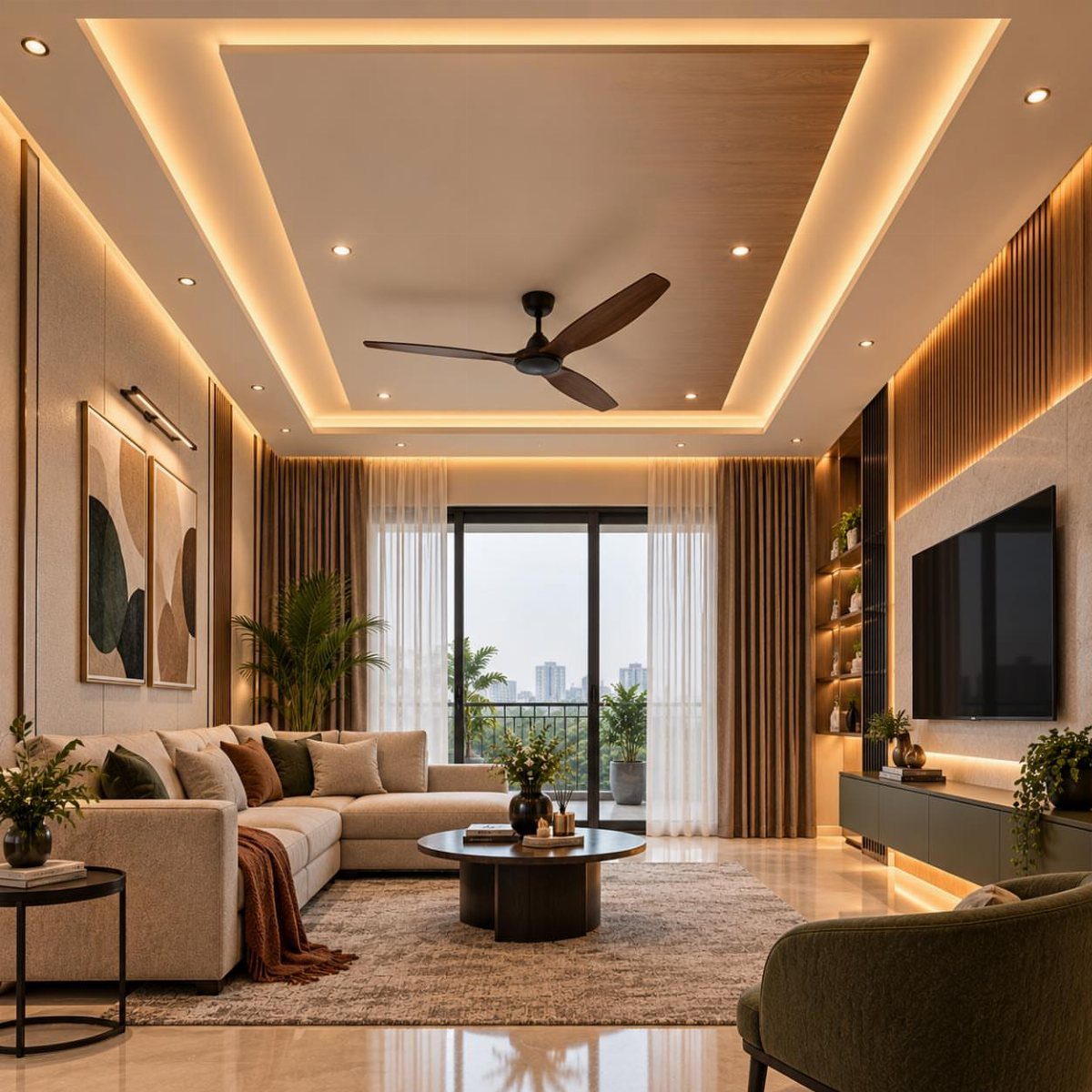 Modern living room with a recessed tray ceiling and warm perimeter cove lighting.