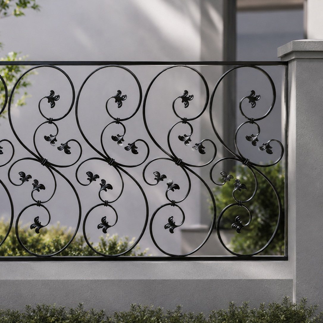 Fence Grill Design Modern: 28 Ideas from Steel to Aluminum 10 Black wrought iron fence panel with ornate floral scrollwork and decorative steel ornaments.