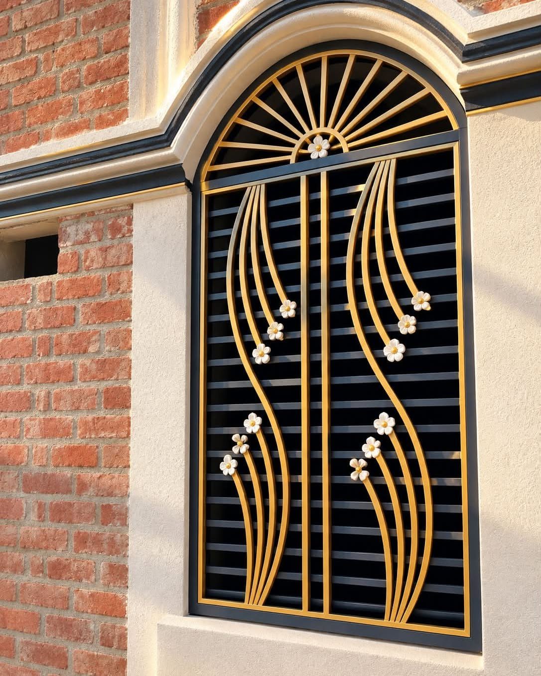 Fence Grill Design Modern: 28 Ideas from Steel to Aluminum 14 Arched window grill with gold curved bars and white floral accents on black slats.