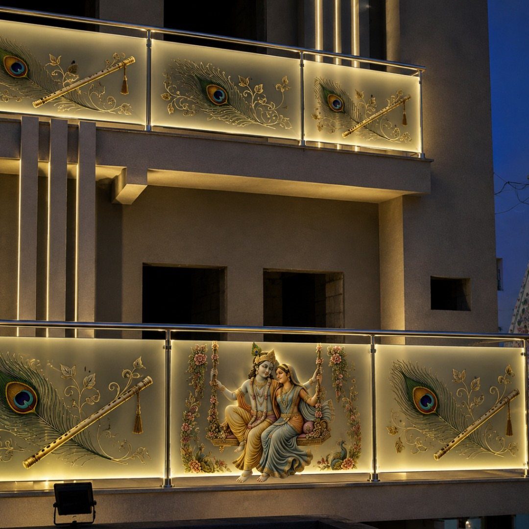 Fence Grill Design Modern: 28 Ideas from Steel to Aluminum 17 Stainless steel balcony railings with illuminated frosted glass panels featuring Radha Krishna art.
