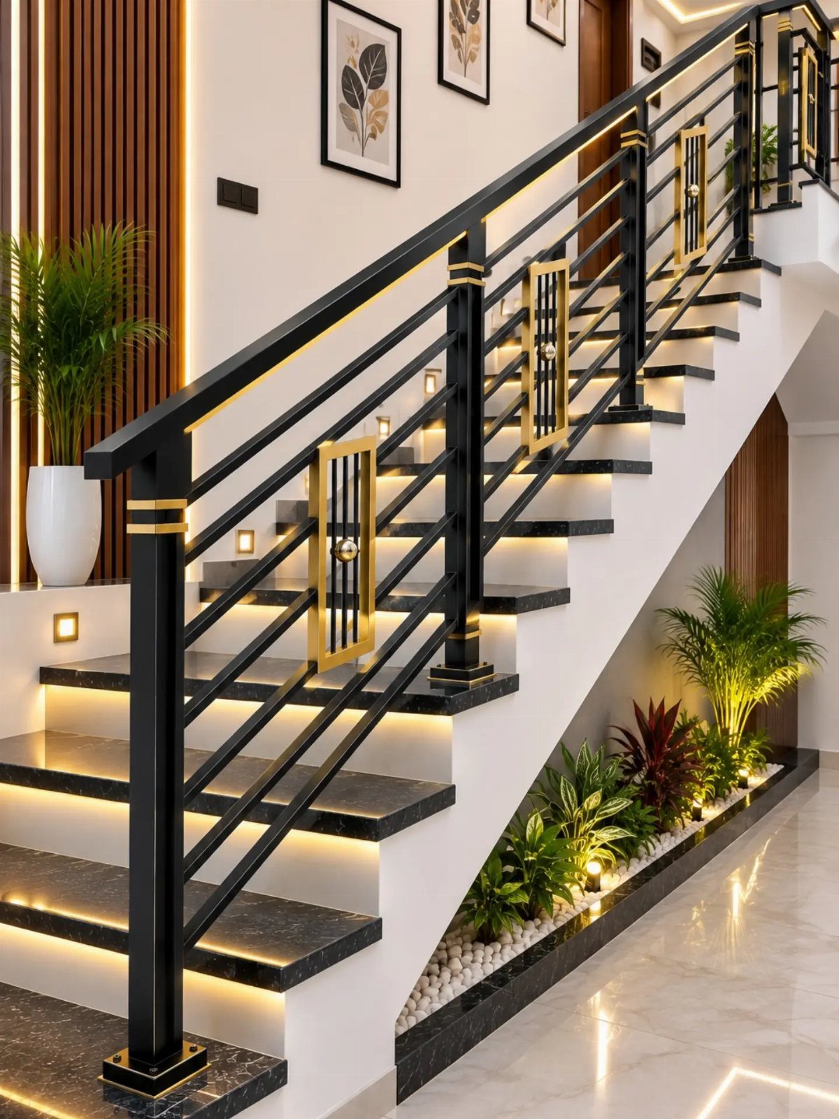 Fence Grill Design Modern: 28 Ideas from Steel to Aluminum 12 Black wrought iron stair railing with gold accents and integrated LED step lighting.
