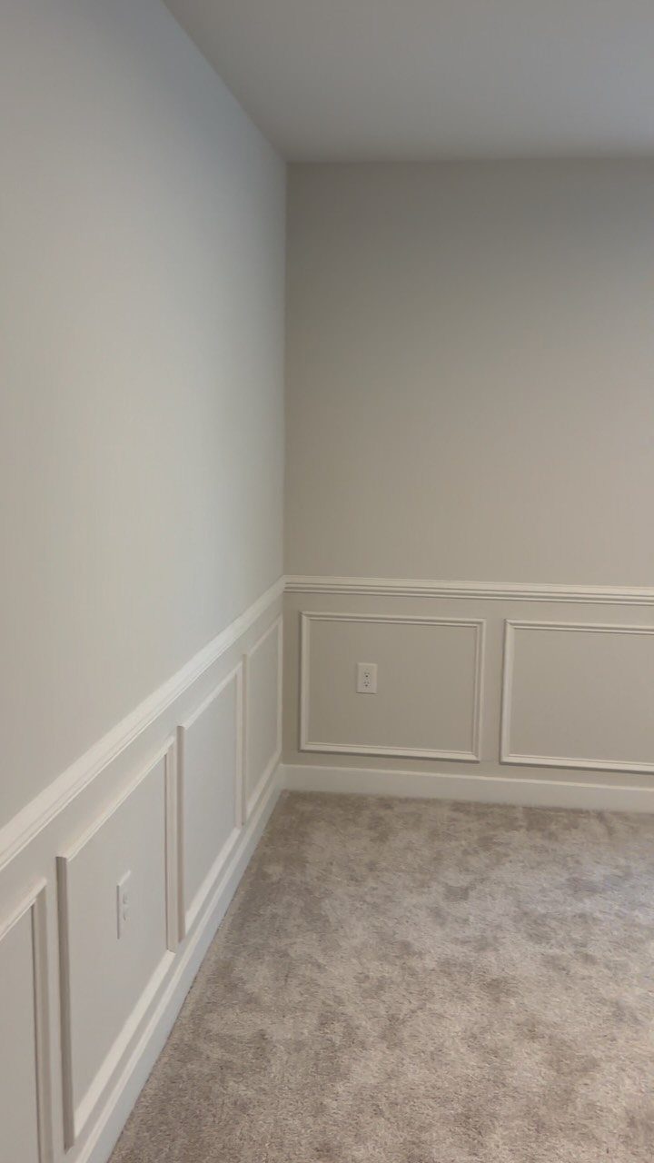 White decorative wainscoting molding installed on light grey walls in a carpeted room.