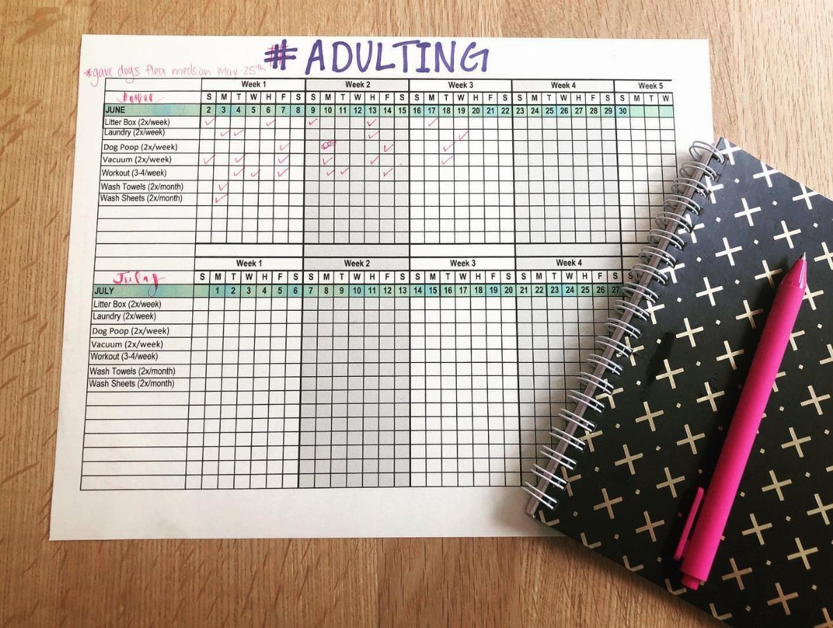 Free Chore List Templates: 3 Chore Charts for Kids and Adults 3 Printed adulting chore chart on a wooden table with a notebook and pink pen.