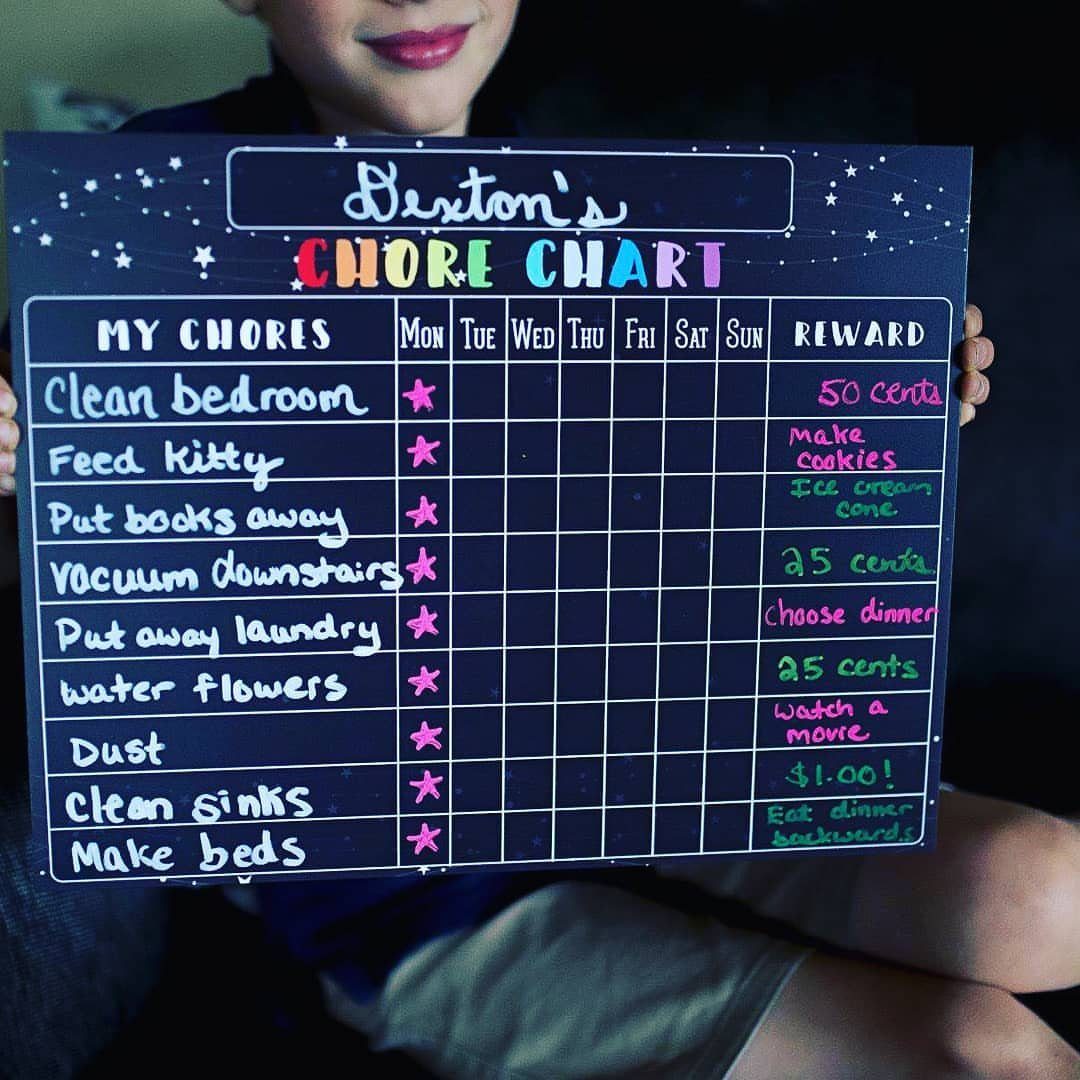Free Chore List Templates: 3 Chore Charts for Kids and Adults 2 Child holding a personalized chore chart with a weekly grid and reward list.