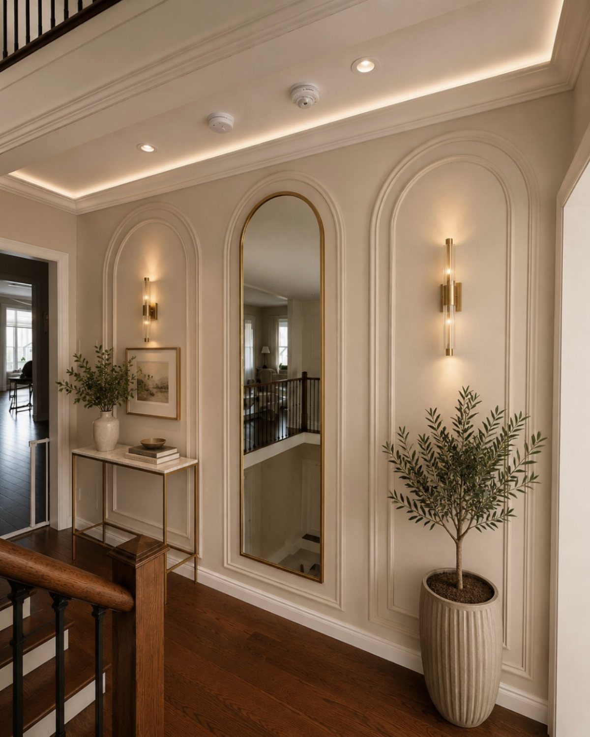Arched cream wall paneling with decorative molding, a gold mirror, and elegant wall sconces in a hallway.