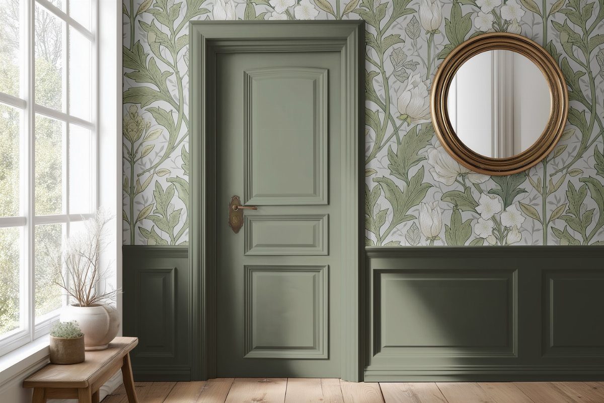 Sage green paneled door and wainscoting set against floral wallpaper with a gold mirror.