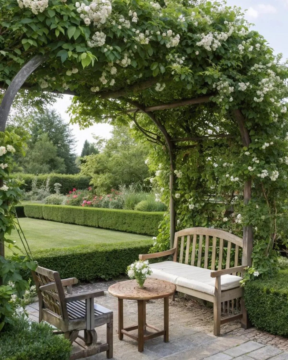 20 Garden Ideas for Small Spaces, From Vertical to Fire Pits 8 Wooden bench and table under a white rose climbing arch in a garden