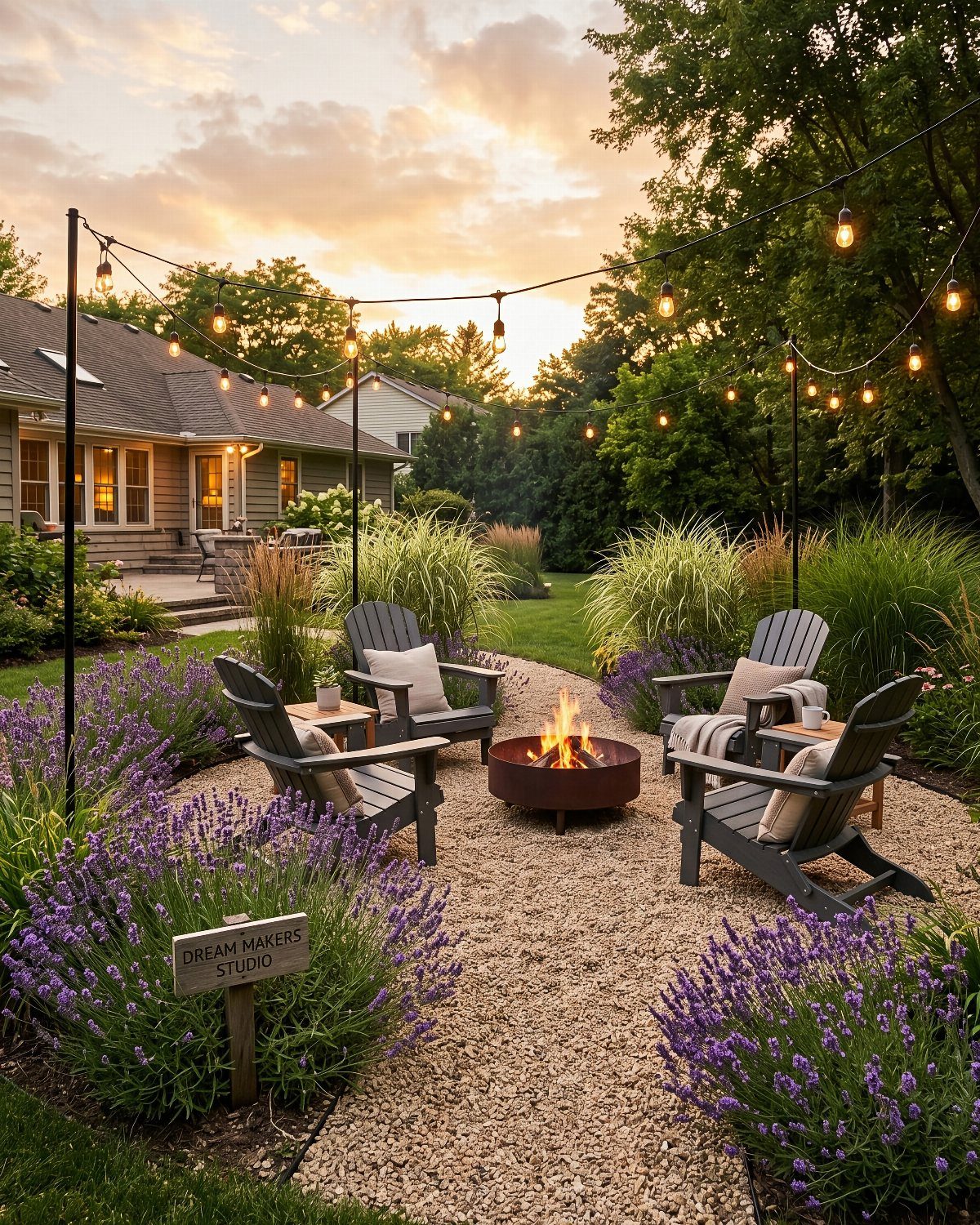 20 Garden Ideas for Small Spaces, From Vertical to Fire Pits 14 Circular metal fire pit with burning logs surrounded by grey Adirondack chairs and lavender.