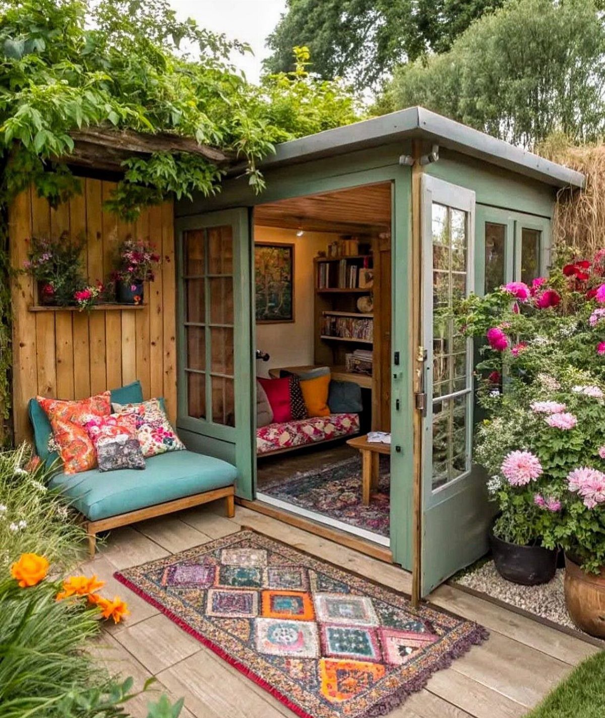 20 Garden Ideas for Small Spaces, From Vertical to Fire Pits 20 Green garden shed converted into a cozy outdoor room with colorful textiles and plants.