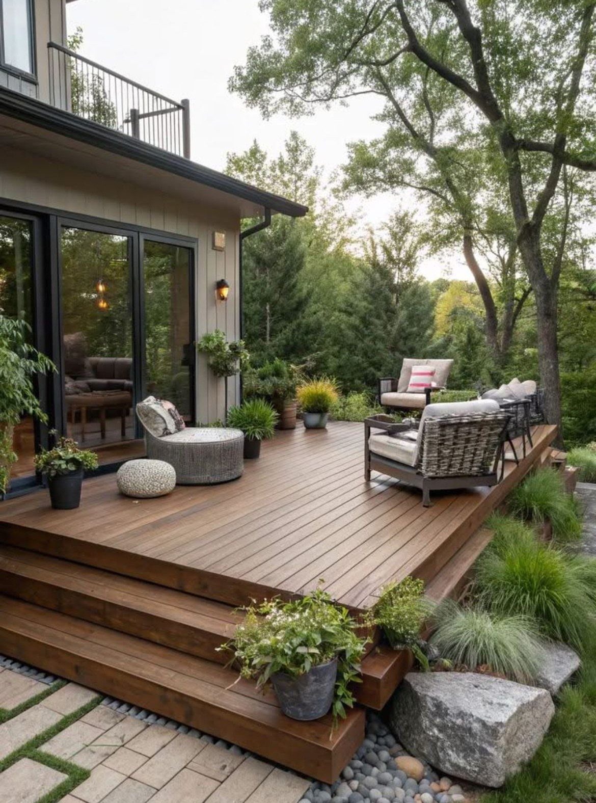 20 Garden Ideas for Small Spaces, From Vertical to Fire Pits 10 Raised wooden deck with outdoor furniture and potted plants surrounded by lush greenery.