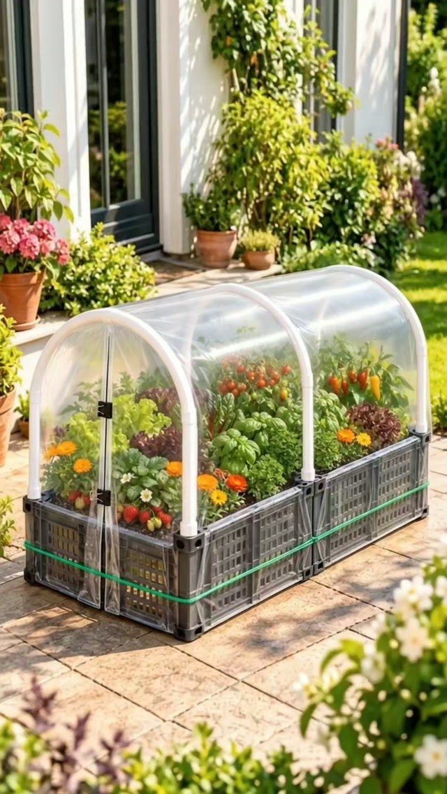 20 Garden Ideas for Small Spaces, From Vertical to Fire Pits 16 Small transparent plastic greenhouse with white arches containing plants on a stone patio.
