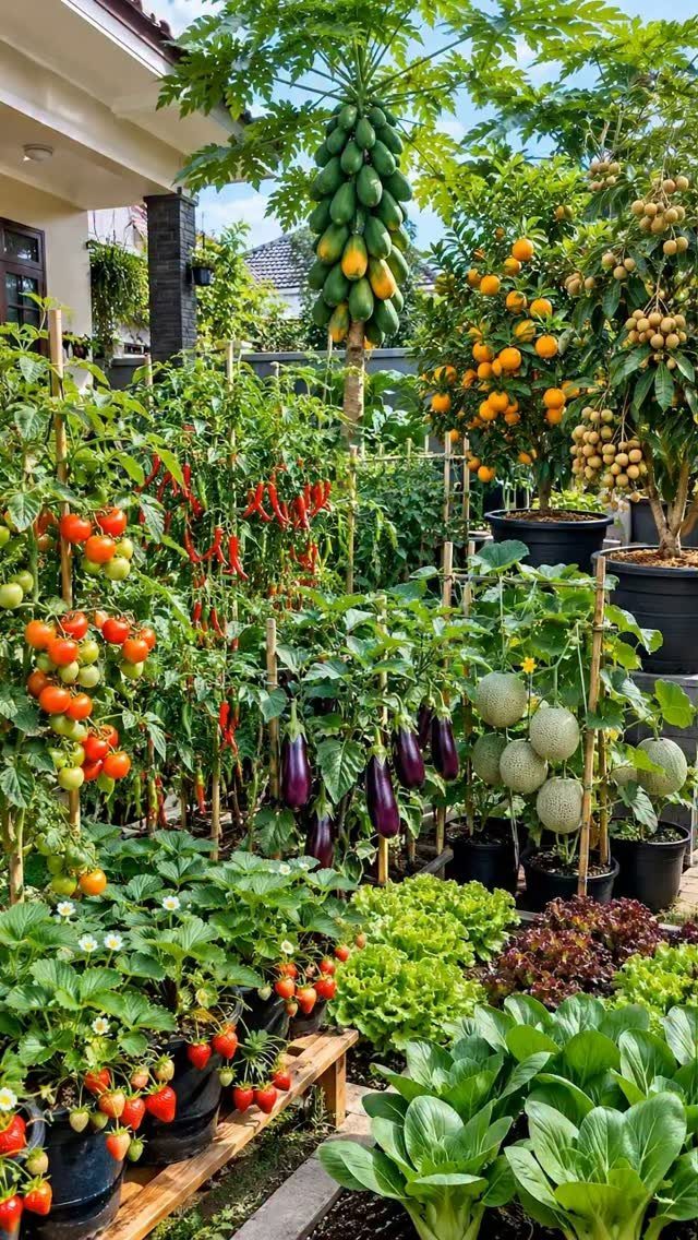 20 Garden Ideas for Small Spaces, From Vertical to Fire Pits 4 Lush small garden with tomatoes, chilies, eggplants, and strawberries grown in containers.