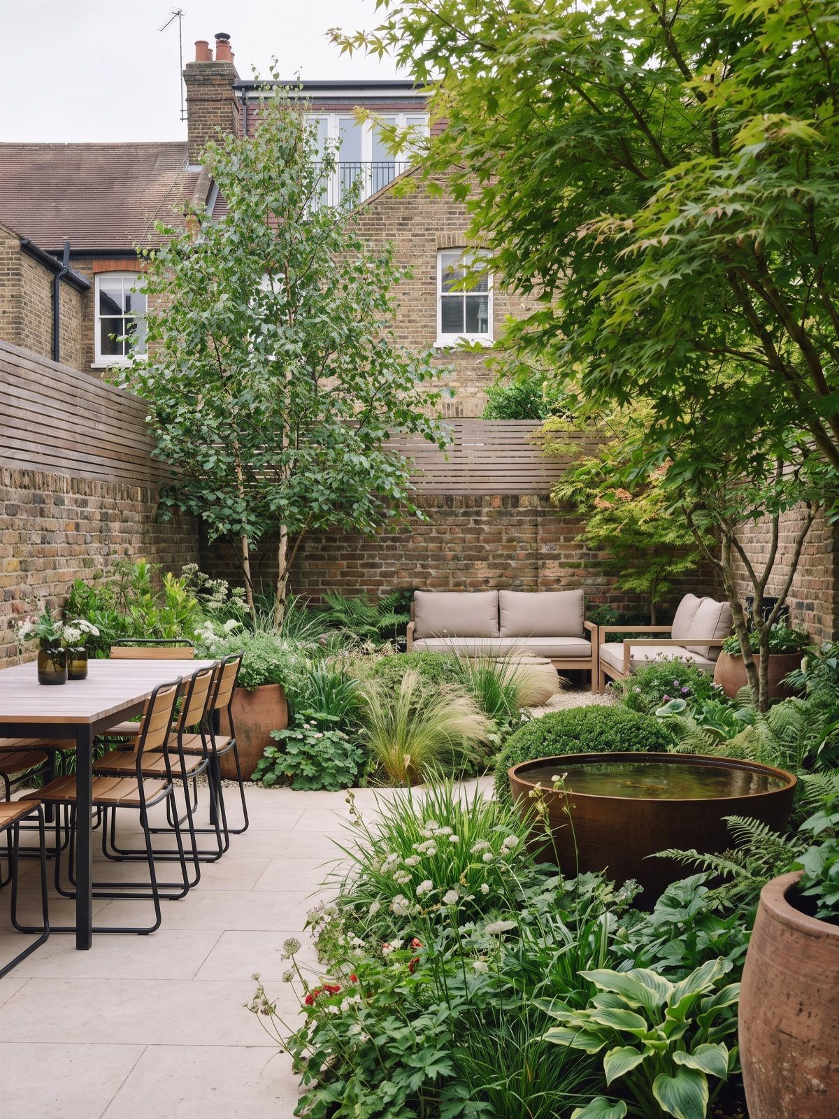 20 Garden Ideas for Small Spaces, From Vertical to Fire Pits 13 Urban garden patio with dining table, lounge seating, and a circular water feature.