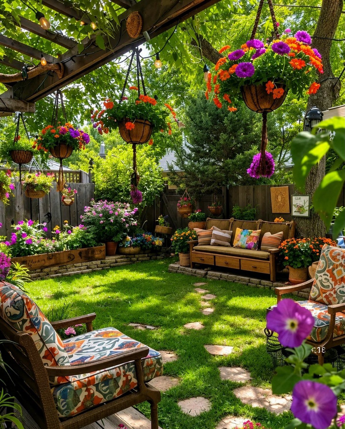 20 Garden Ideas for Small Spaces, From Vertical to Fire Pits 1 Lush small backyard garden with colorful hanging flower baskets and cozy outdoor seating.
