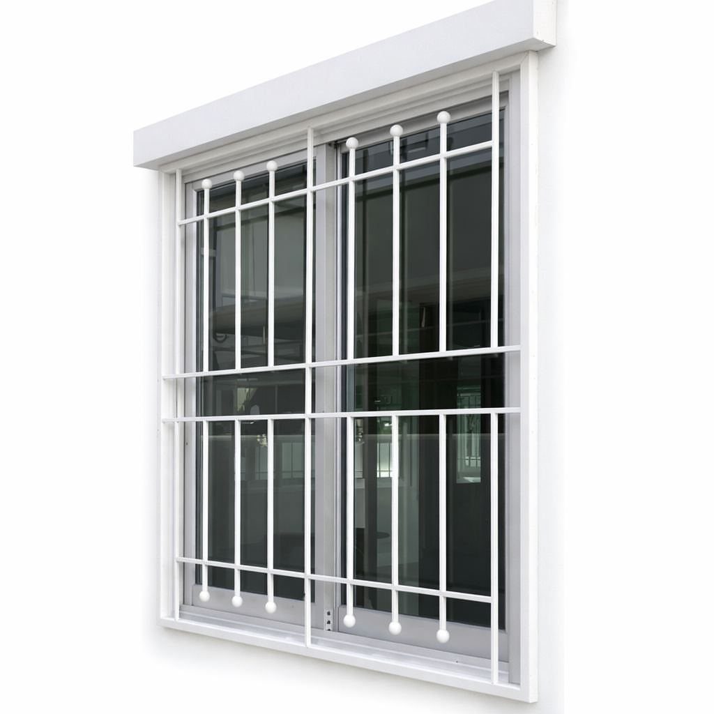 White metal security grill with a grid pattern installed over a window.