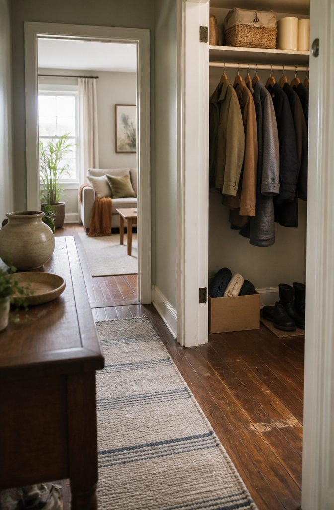 Home Cleaning and Organizing: A Practical Guide to a Tidy House 5 Hall closet with coats on a rail, supply basket, emergency kit, and donation box