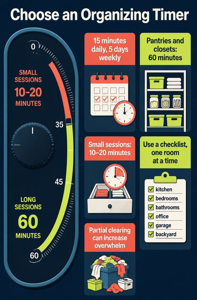 Home Cleaning and Organizing: A Practical Guide to a Tidy House 2 Organizing timer graphic for home interiors with several suggested time blocks