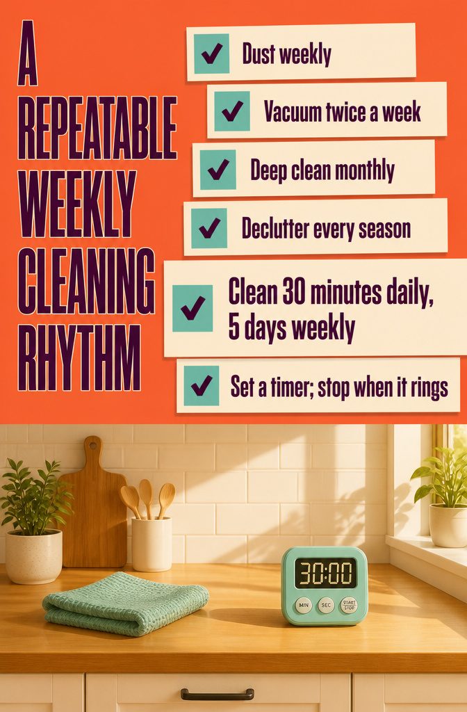 Home Cleaning and Organizing: A Practical Guide to a Tidy House 4 Weekly home cleaning schedule graphic with tasks arranged by day