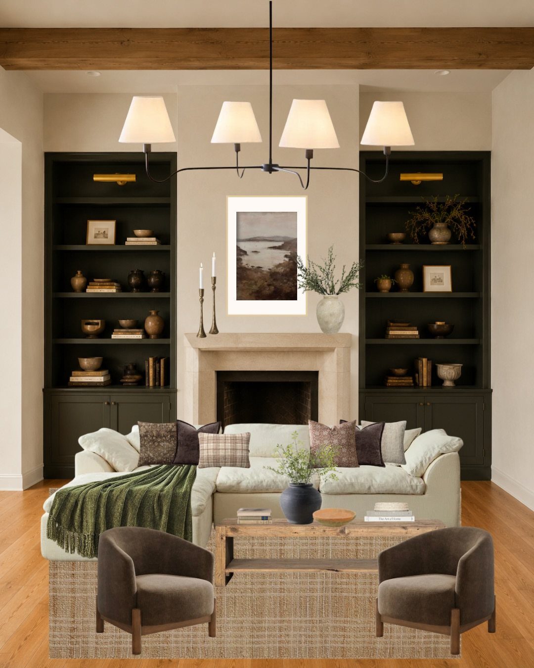 Honey Oak Wood Floors: 8 Design Ideas That Work 8 A cozy living room with cream furniture, dark bookshelves, and honey oak wood floors.