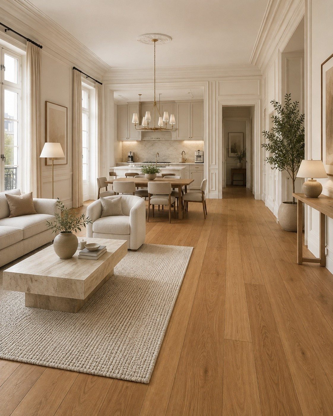 Honey Oak Wood Floors: 8 Design Ideas That Work 6 Light honey oak wood floors in a bright, modern open-concept living and dining room.