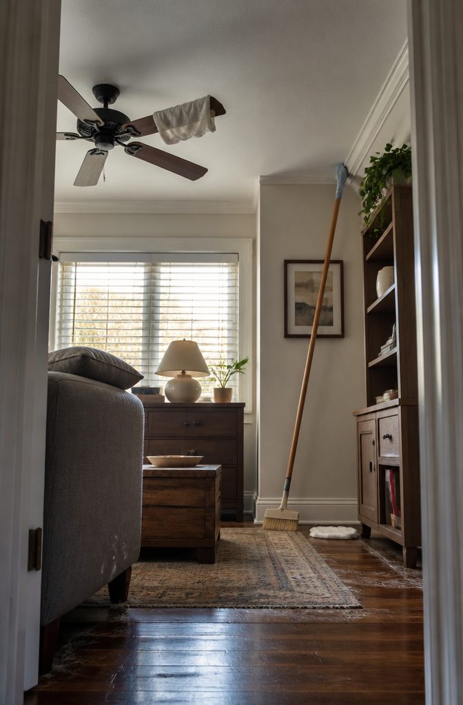 6 Steps: How to Clean House Like a Pro From Start to Finish 3 Ceiling fan and light fixtures above shelves and furniture