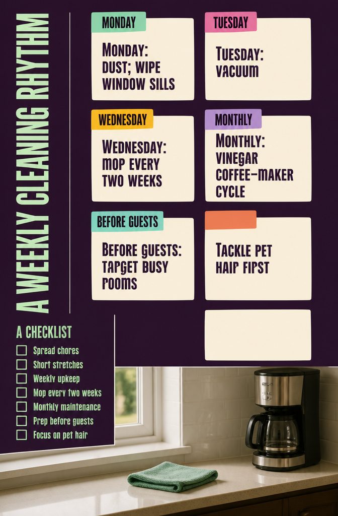 6 Steps: How to Clean House Like a Pro From Start to Finish 6 Weekly cleaning schedule listing dusting vacuuming and mopping