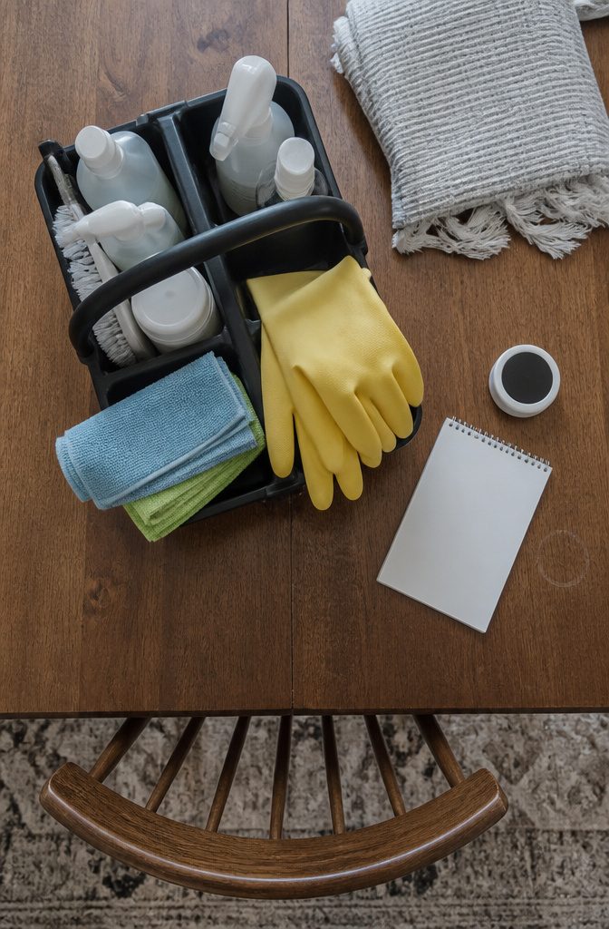 6 Steps: How to Clean House Like a Pro From Start to Finish 1 Cleaning supplies gathered in a caddy beside a timer