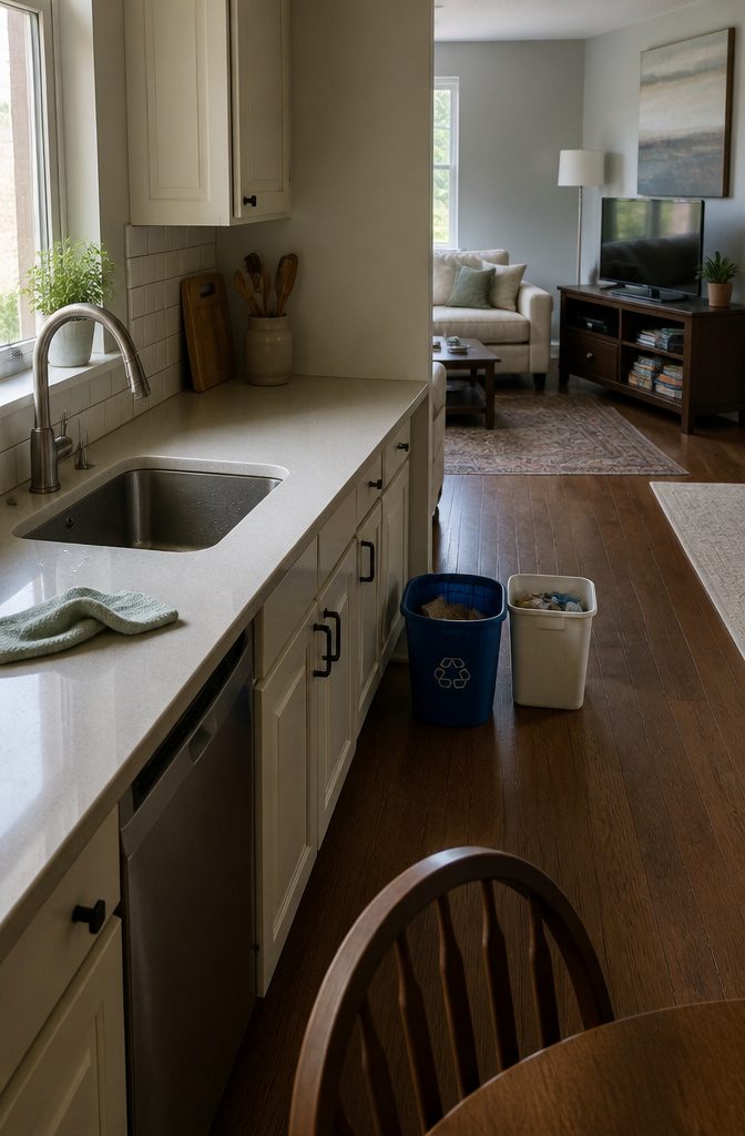 6 Steps: How to Clean House Like a Pro From Start to Finish 2 Open kitchen counter beside a recycling basket and small waste bin